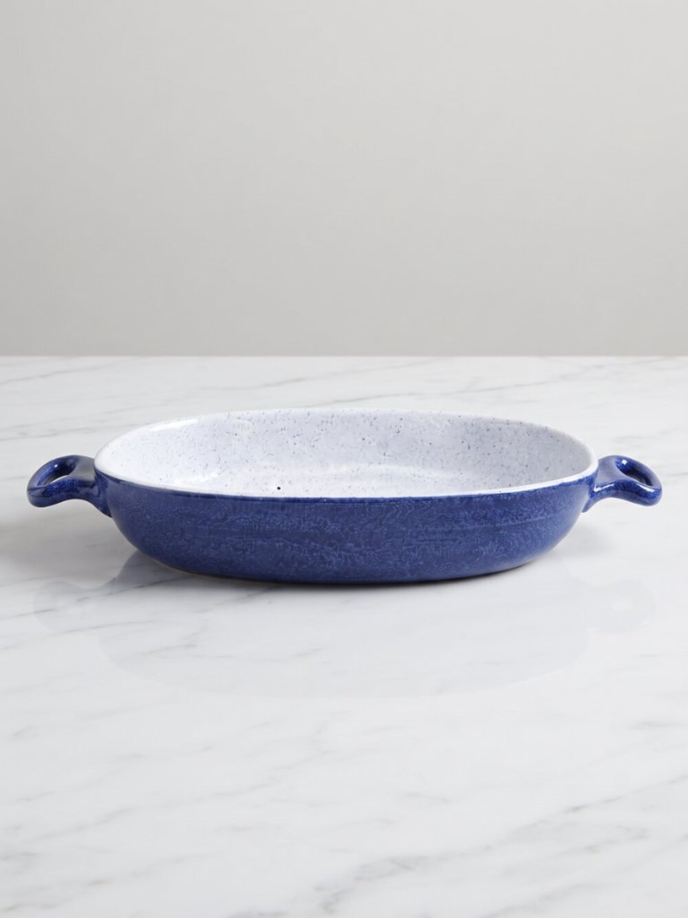 Large Blue Speckled Stoneware Oval Baker Serving Dish Casserole Handles 16.25"